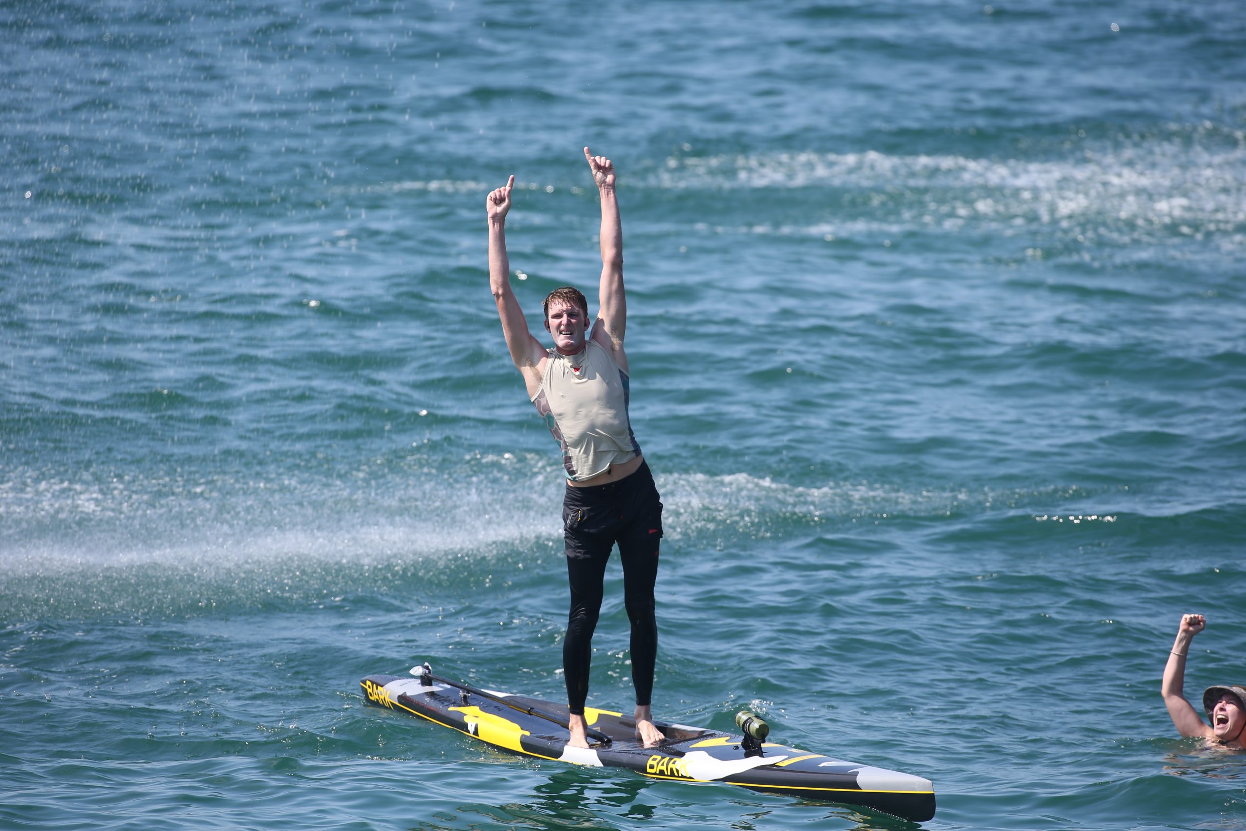Bark sticks landing after 32 Mile Catalina Classic Paddleboard Race