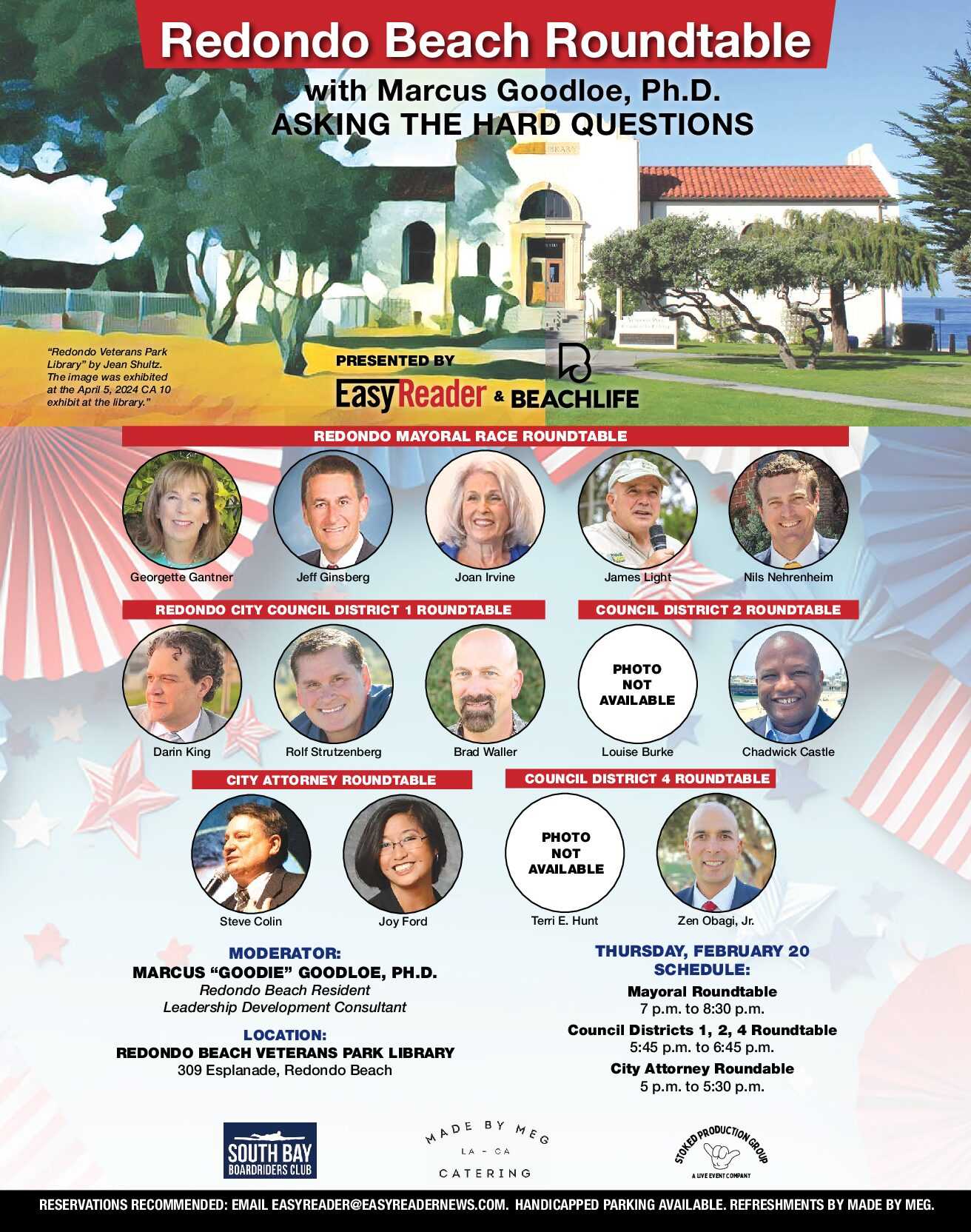 Redondo Beach Mayoral, Council, City Attorney Roundtables Thursday, February 20 at Veteran’s Park Library