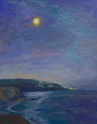 "Rising Moon, Portuguese Bend," by Kevin Prince (oil on canvas, on panel)
