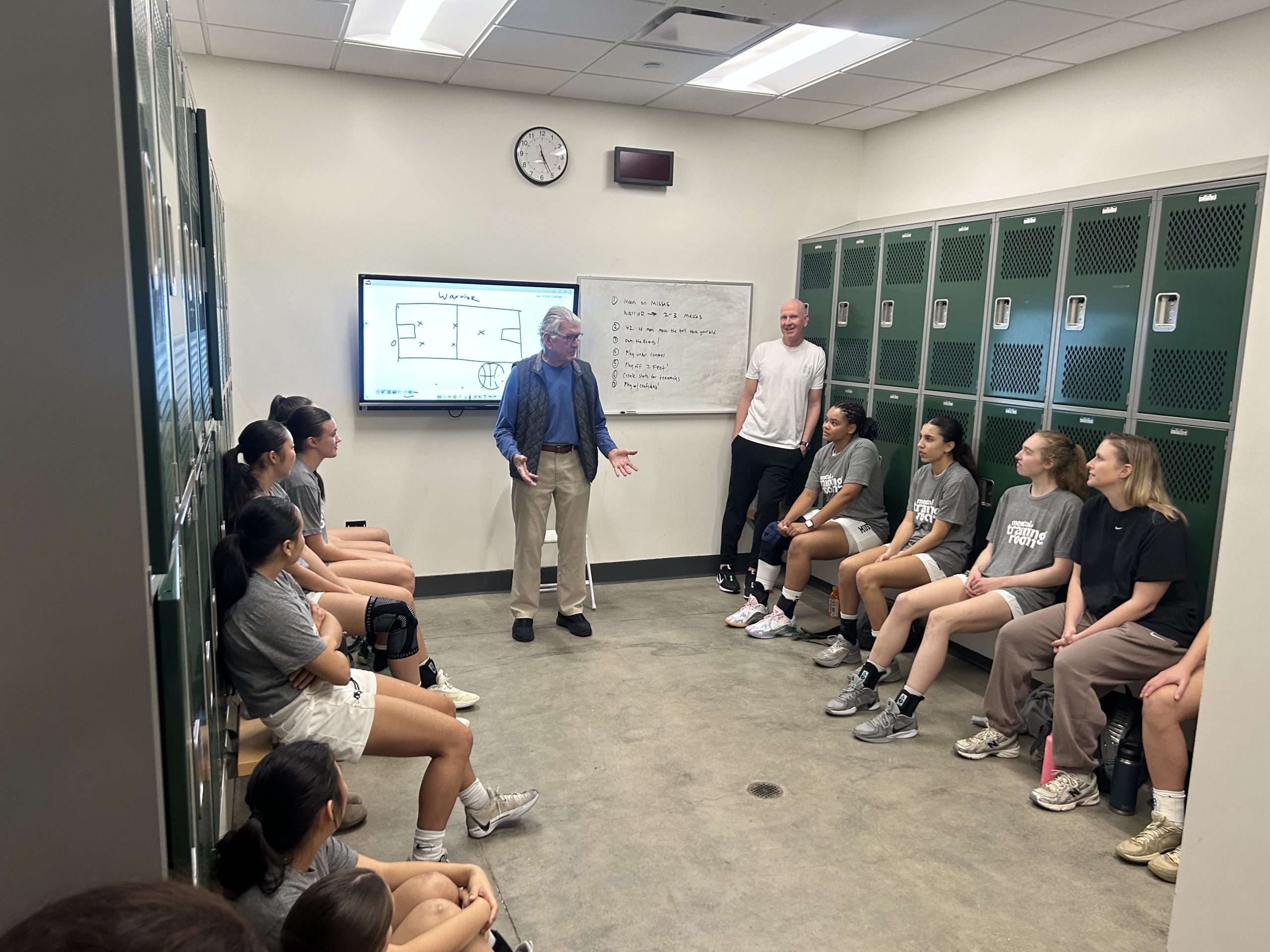 Former NBA, WNBA Coach Paul Westhead gives pre game pep talk to the Mira Costa girls basketball team